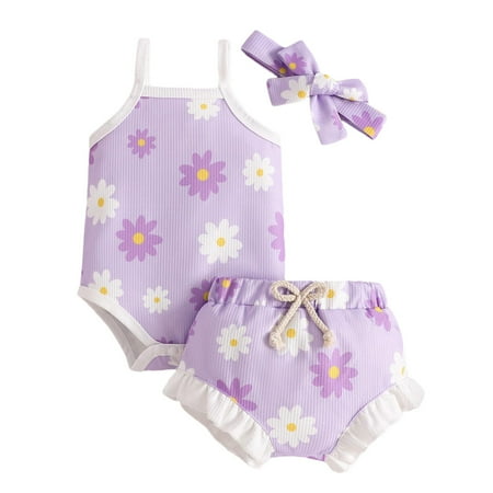 

WUXIAN Toddler Girls Fashion Sleeveless Ruffles Ribbed Romper Bodysuit Printed Shorts Headbands Outfits Infants Baby Onesie Children Leisure Dailywear