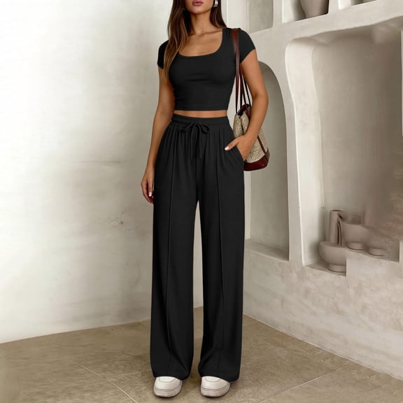 LEKWK Two Piece Sets for Women Short Sleeve Square Neck Slim Fit Crop Top and Drawstring High Waist Wide Leg Pants Summer Travel Casual Vacation Outfits