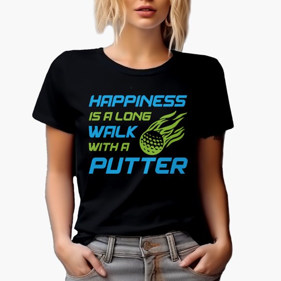 Happiness Is a Long Walk with a Putter Quote with a Ball, Golf Player, Golfing or Golfer Themed Merch Gift, Black T-Shirt, Small