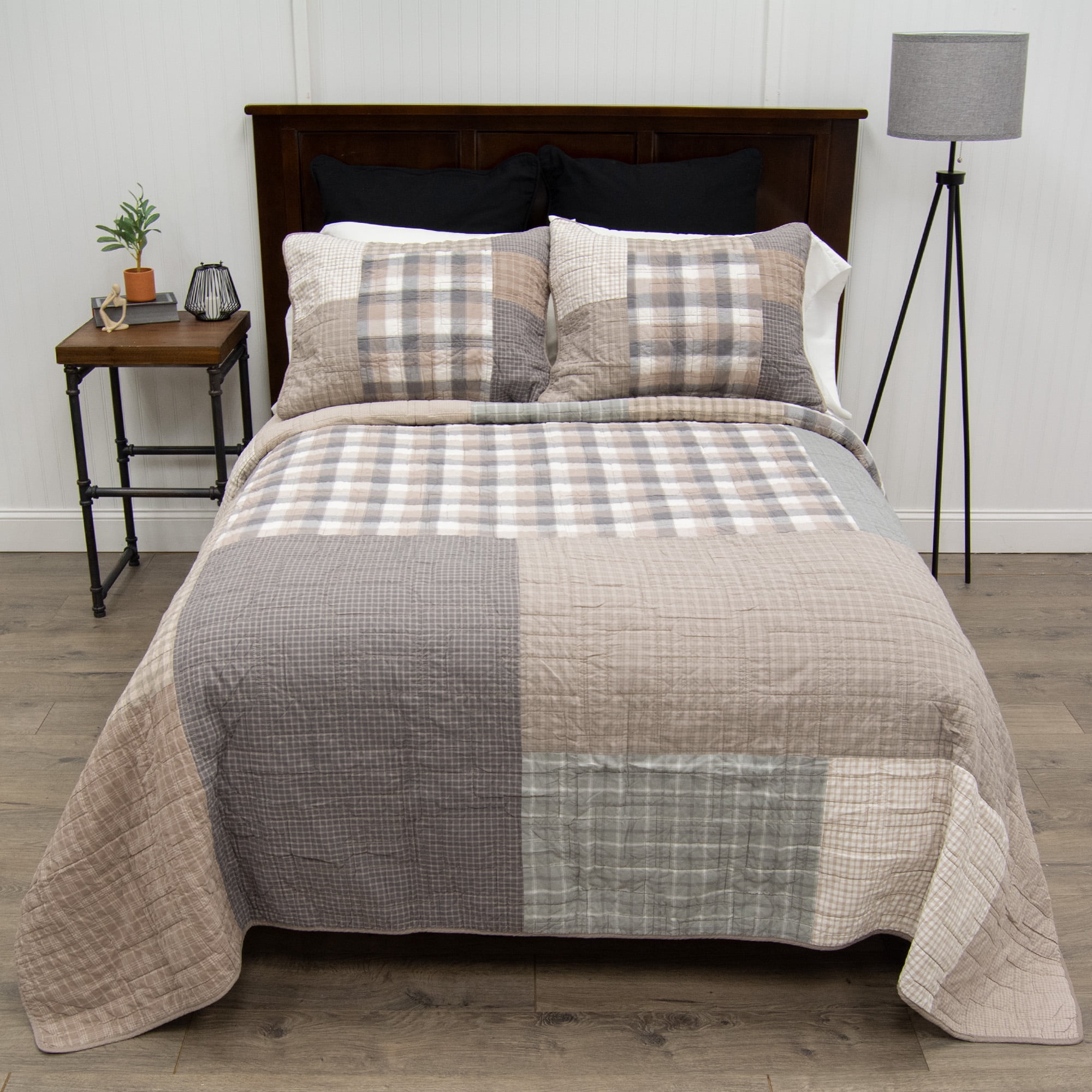 Donna Sharp Smoky Square Neutral Patchwork Pieced Cotton King Quilt