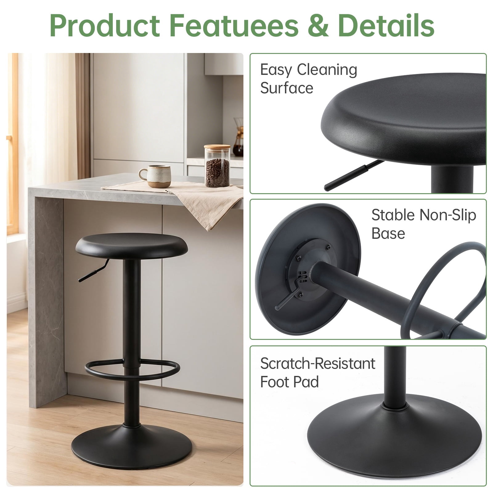 Single Black Bar Stool, Adjustable 360° Swivel Counter Height Bar Stool, Industrial Backless Metal Bar Chair for Kitchen Island with Footrest