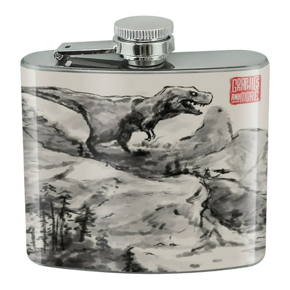 Tyrannosaurus Rex In Chinese Ink Painting Trex Stainless Steel 5oz Hip Drink Kidney Flask
