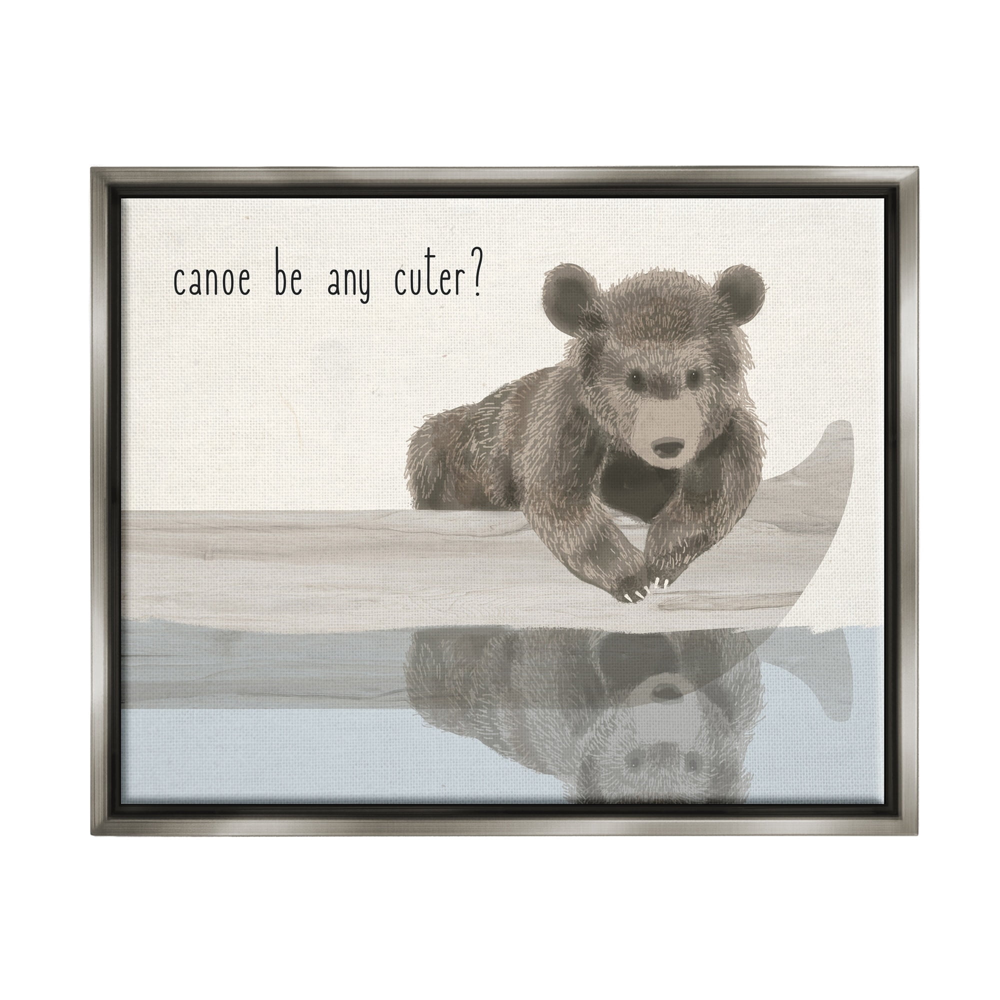 Stupell Industries Canoe Be Any Cuter Grey Blue and Off White Soft Nursery Neutral Baby Bear Luster Gray Framed Floating Canvas Wall Art, 16x20, by Daphne Polselli