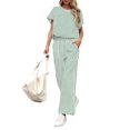 thumbnail image 2 of Womens Striped 2 Piece Set Short Sleeve T Shirts Wide Leg Pants Matching Lounge Sets with Pockets Light Green XL, 2 of 8