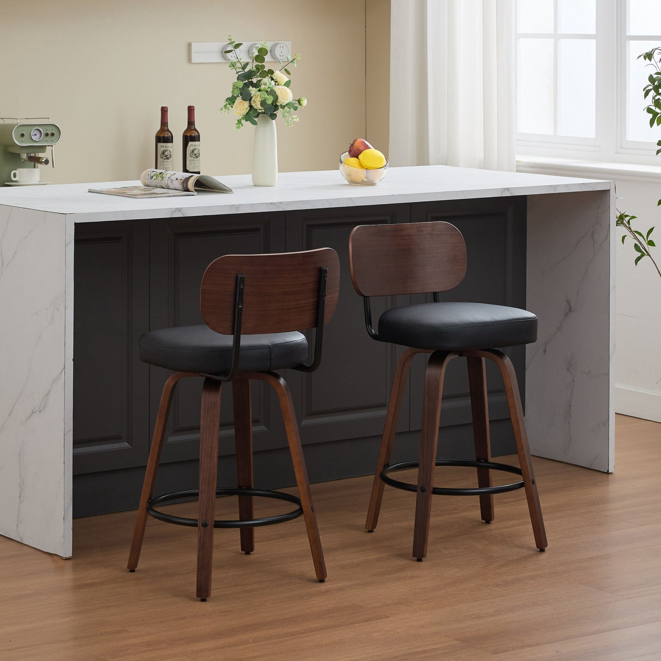 Noble House Set of 2 Swivel Bar Stools, Faux Leather Seat, Bentwood Frame, Walnut + Black