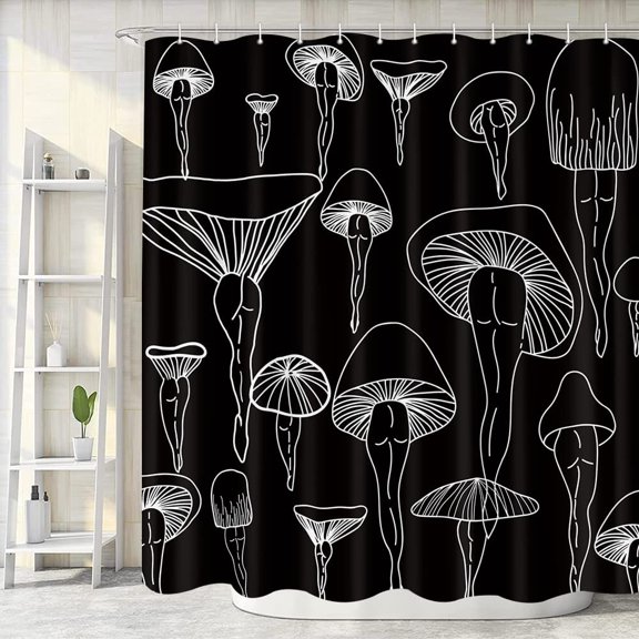 Hippie Mushroom Funny Shower Curtain, Modern Abstract Black and White Theme Decor Butt Line Art Bath Curtains, Boho Minimalist Cute Vegetarian Botanical Vegan Bathroom Accessories with Hooks, (72X72)