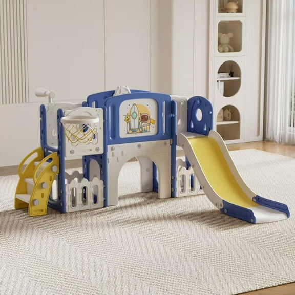 6 in 1 Toddler Slide Playset Playground for Toddlers Age 1-3 with Basketball Hoop, Telescope, Indoor &Outdoor BLUEYELLOW