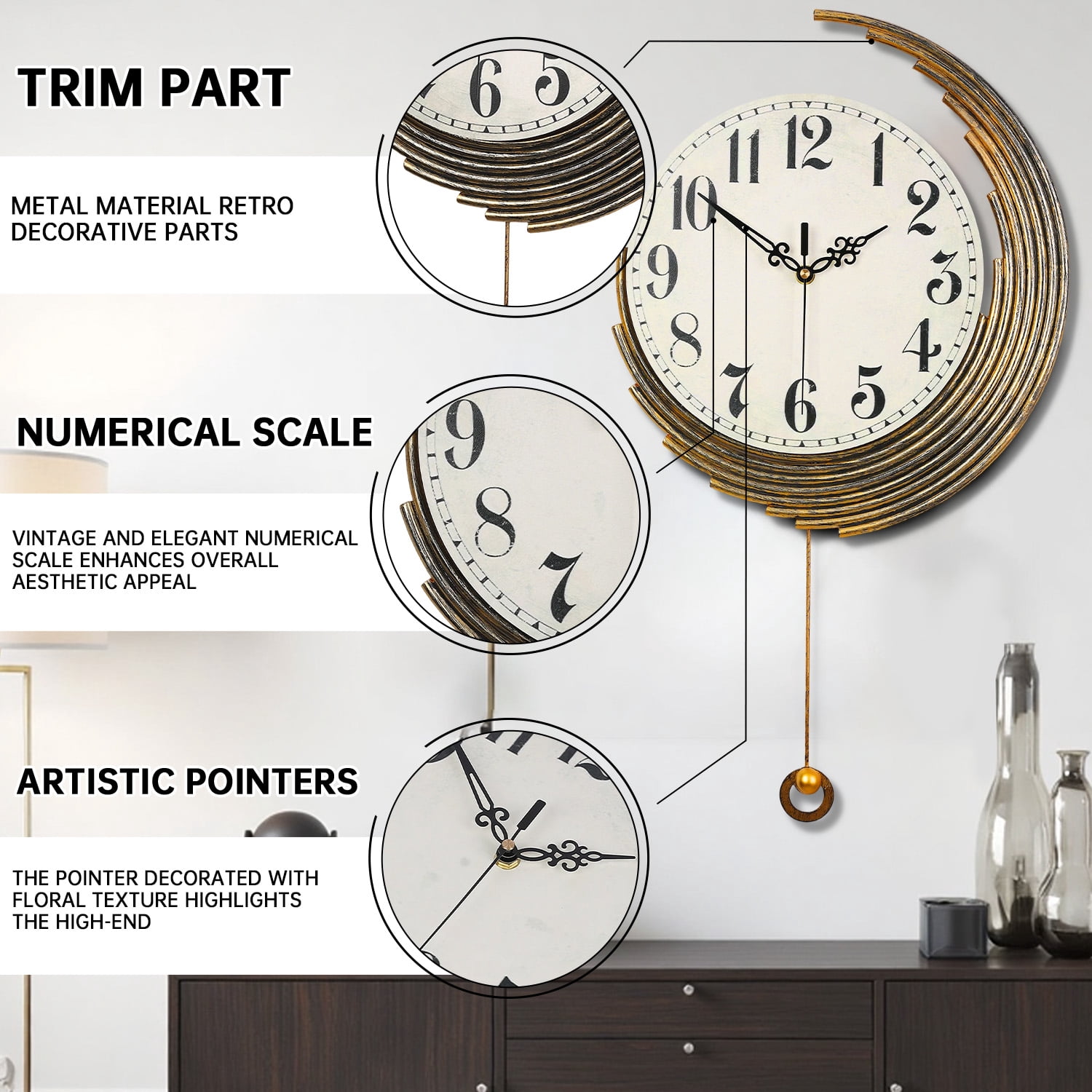 Crescent-Shaped Vintage Distressed Luxury Wall Clock – Retro Pendulum Decorative Clock