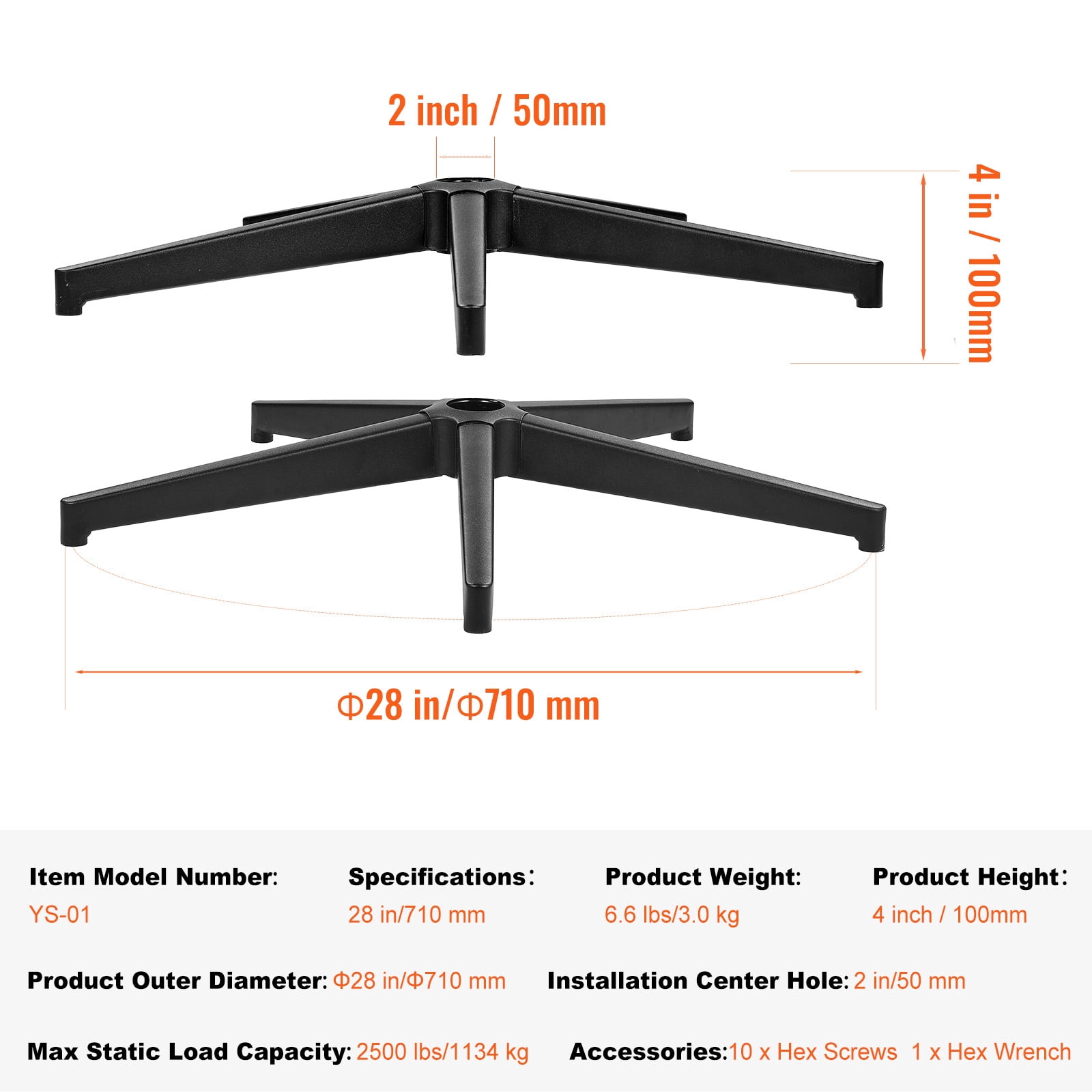 KFFKFF Universal Desk Chair Base, 28", Supports up to 2500 lbs, Durable Metal Legs for Office Chairs, Ideal for Computer and Desk Seating, Replacement Base with Black Finish