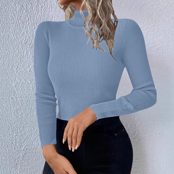 DIOAZUD Women's Ribbed Knit Turtleneck Sweaters Long Sleeve Slim Fit Pullover Tops Fall Winter Lightweight Sweaters for Women Blue S-XL