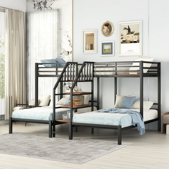 Kumix Triple Bunk Bed, Metal Twin over Twin and Twin Bunk Bed with Storage Stairs, Full-Length Guardrail, 3 Beds in 1 Bunk Beds for 3 Teens Adults, Noise Free, No Box Spring Needed, Black