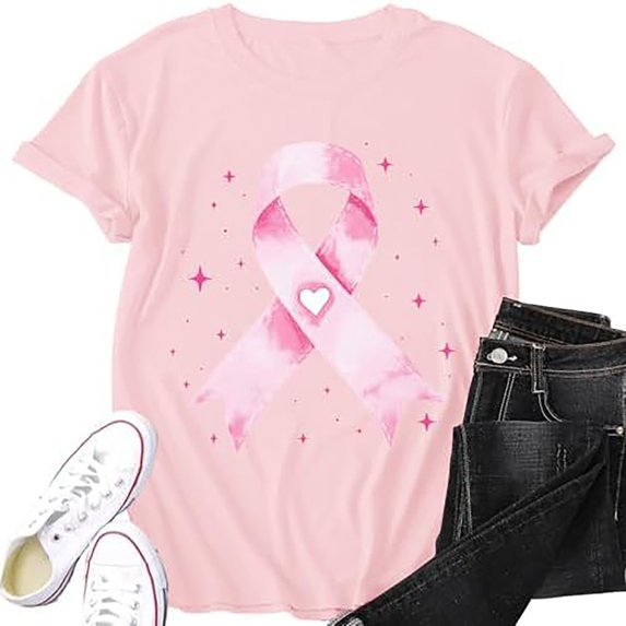 Weikingp Breast Cancer Shirts for Women Short Sleeve Casual Tops Cute Love Heart Ribbon Graphic Print Tee Vintage Floral T Shirt Baseball Shirt Going Out Tops Pink XL