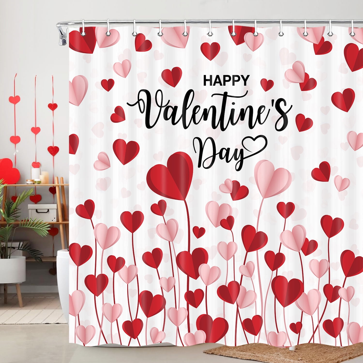 Valentines Shower Curtain, Cute Red Pink Love Heart Romantic Valentine Day Shower Curtain Set for Bathroom, Valentines Day Fabric Shower Curtains Bathtub Decor with Hooks 69X70IN