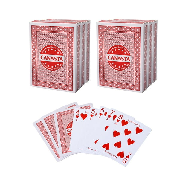 Gse Games & Sports Expert Cartas Canasta de 6 mazos con valores de puntos, incluye reglas de juego Canasta y manos y pies, naipes tradicionales de juego Rummy (rojo)