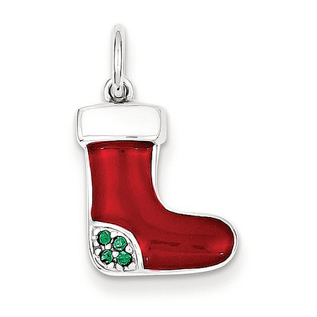 - 925 Sterling Silver Green Crystal and Red and White Enamel Christmas Stocking Charm Pendant