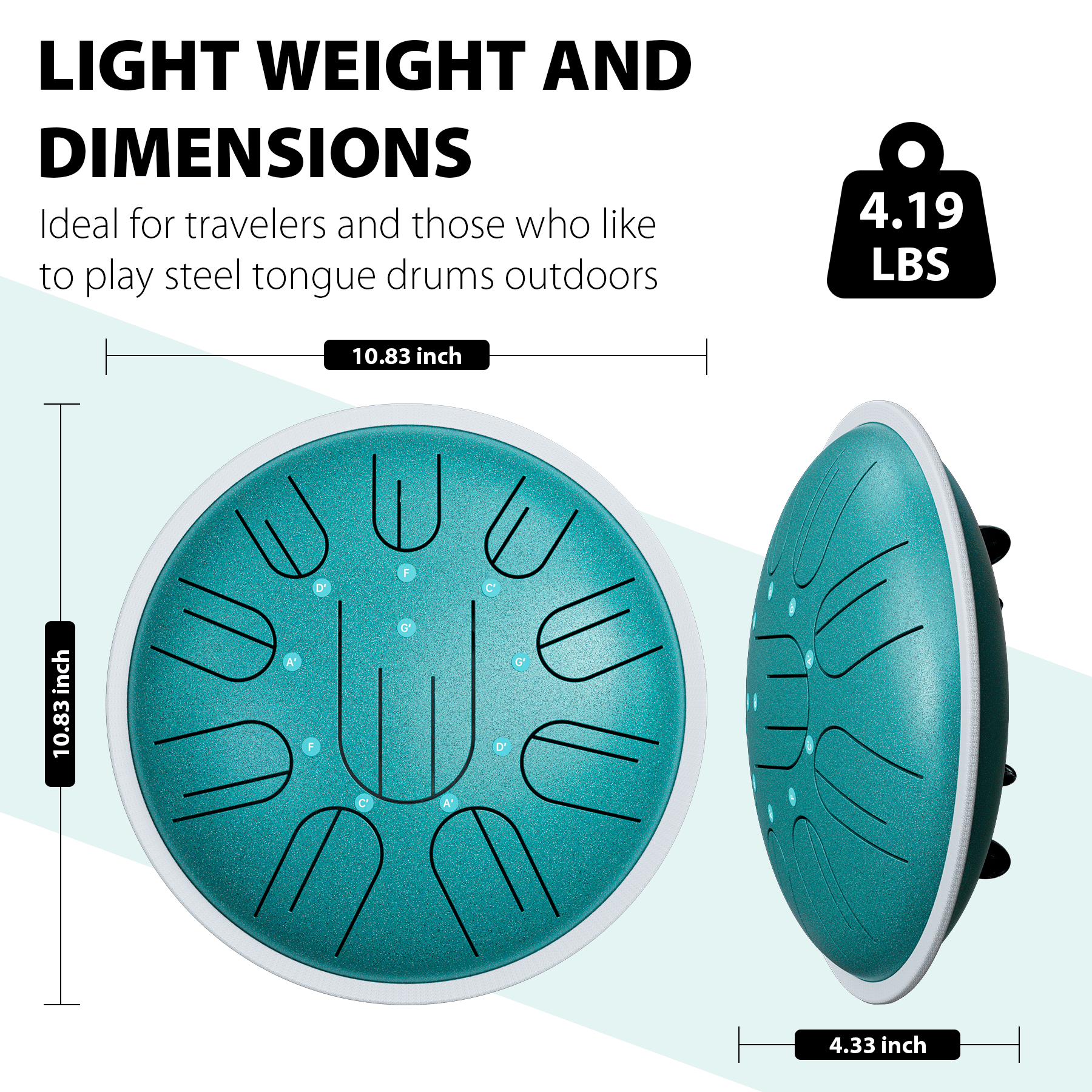 Lidguni Steel Tongue Drum Electroacoustic, 10" 10 Notes G Major Handpans, for Adult, Malachite Green