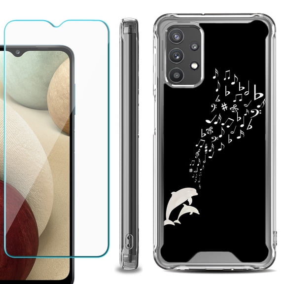 Shockproof Bumper Phone Case for Samsung Galaxy A32 5G, with Tempered Glass Screen Protector, by OneToughShield ® - Dolphin Music