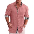 thumbnail image 4 of Camisa con botones para hombre, manga larga, cuello vuelto, patrón liso exterior, estampado interior a cuadros, camisa holgada informal suave para hombre, 4 of 6