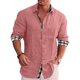 thumbnail image 4 of Camisa con botones para hombre, manga larga, cuello vuelto, patrón liso exterior, estampado interior a cuadros, camisa holgada informal suave para hombre, 4 of 6