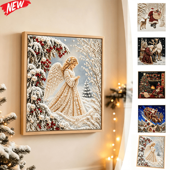 Christmas DIY Pearl Diamond Art Kits for Adults, Winter Angel Santa Reindeer Holiday Diamond Art Set, 3D Embossed Handmade Canvas Art, Home Wall Desktop Decor, Stress Relief Craft & Xmas Gift