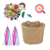 Bicycle Basket Set - Colored Tassels Wicker Front Handlebar Bike Basket Handlebar with Streamers Bell and Stickers, Bicycle Decoration for All Ages