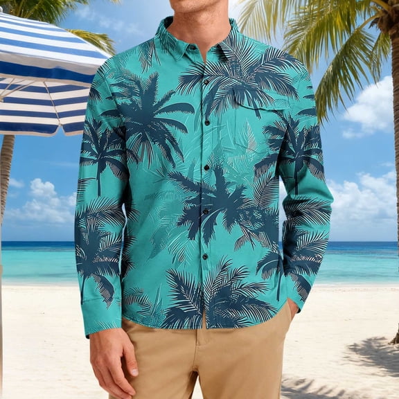 Donemore Men's Hawaiian Print Shirt Long Sleeve Notched Lapel Button Down with Pocket Beach Vacation Casual Style