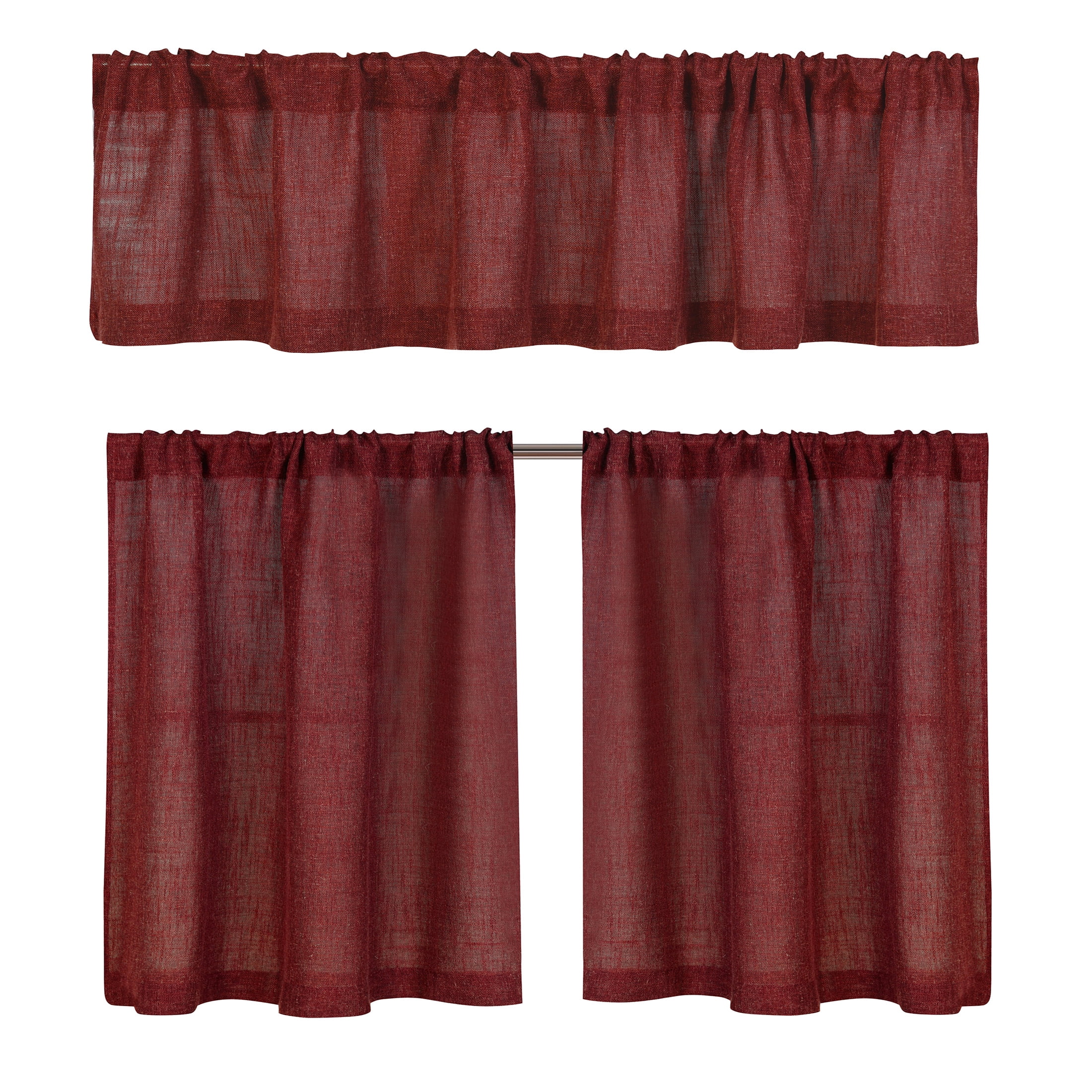 Better Homes & Gardens Linen Blend Light Filtering Rod Pocket Kitchen Curtain Tiers and Valance, Set of 3, Deep Redwood, 60 W x 36 L