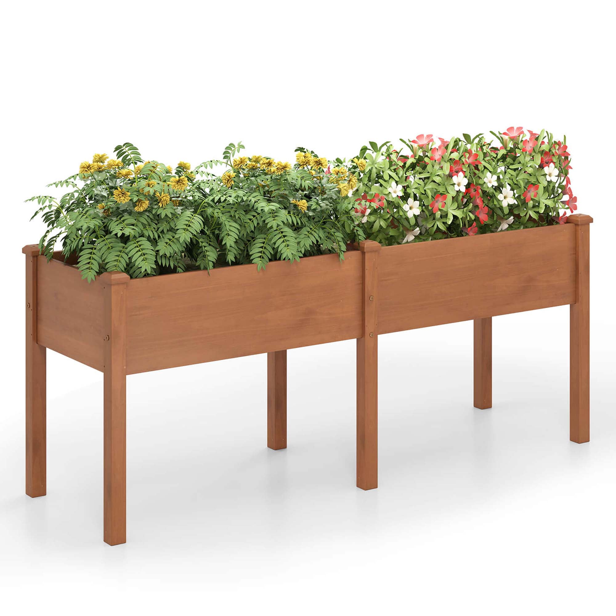 Costway Raised Garden Bed Elevated Fir Wood Planter Box with 2 Large Planting Areas Brown