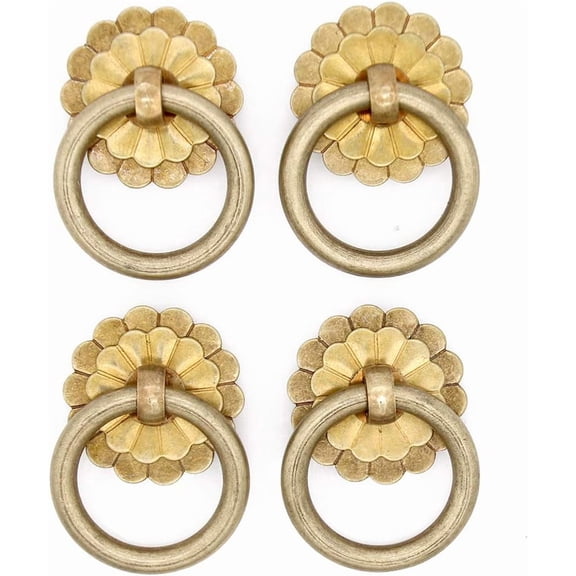 ABCISI 4 PCs Vintage Antique Brass Ring Pulls - Solid Brass Cabinet Knobs Pulls Handles -Circle Drawer Pulls for Cabinet Drawer Cupboard Wardrobe- Ring Size 1.4-in (3.5 cm)