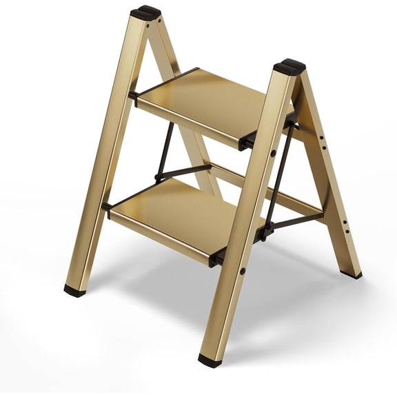 2 Step Stool, Aluminum Foldable Step Ladder, Lightweight Stable Stool with Wide Non-Slip Pedals, 330lbs Bearing Capacity Ladder for Office,Home,Kitchen - Gold