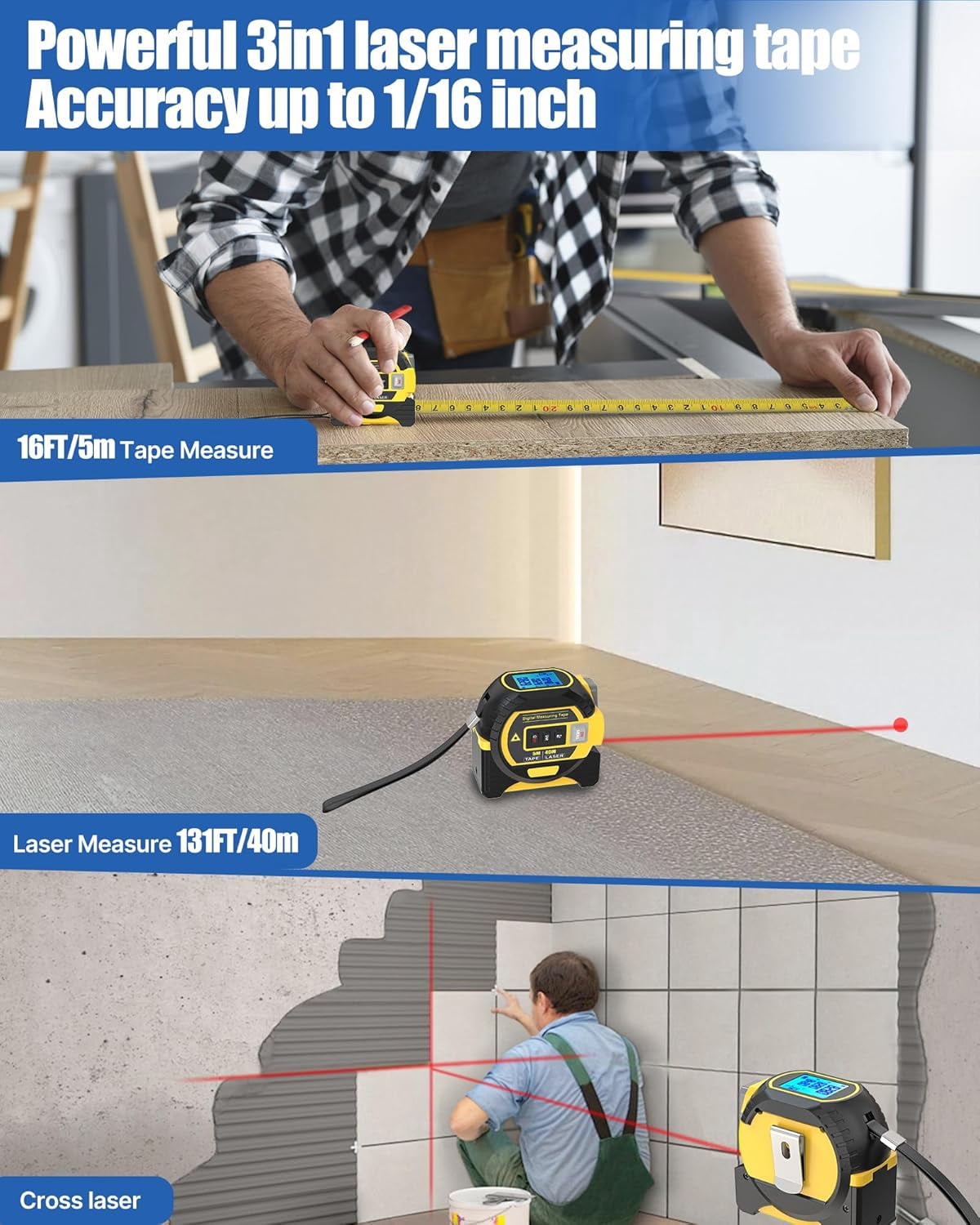 3-in-1 Digital Tape Measure & Laser Rangefinder with Cross Line, LED Display, Auto Lock, Measures Area, Volume & Pythagorean Theorem