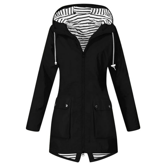 Sopiago Rain Jacket Womens Striped Lined Rain Jackets Lightweight Zip Up Rain coat Long Length Windbreaker Plus Size Raincoat Black,L