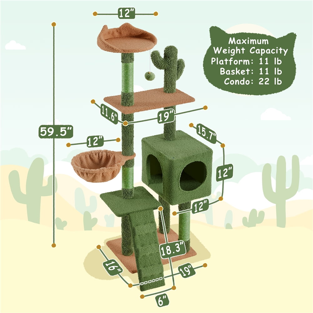 Yaheetech 59.3'' Cactus Cat Tree with Condo, Basket & 3 Scratching Posts, Green/Brown