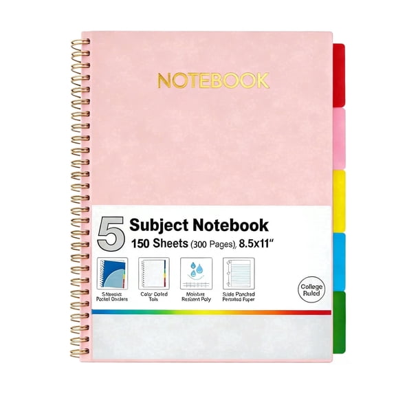 5 Subject Notebook College Ruled Spiral Notebook Journal with Removable Dividers Tabs 300 Pages 8.5"x11" 5 Pocket Colored Dividers, 3-Hole Punched Paper for Work Women Pink
