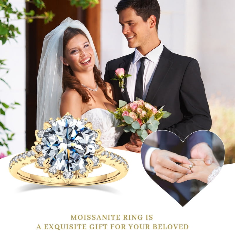 Aurora&Fiori 0.5carat Round Cut Moissanite Engagement Ring for Women 18K Yellow Gold Plated S925 Sterling Silver Flower Halo Promise Ring
