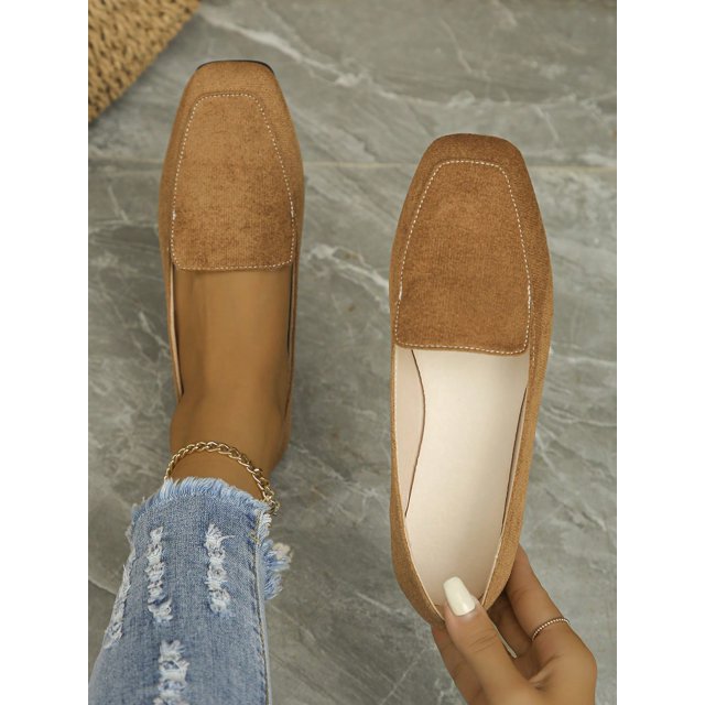 Women's Spring/Autumn New Arrival Square Toed Black Cloth Flat Loafers, Slip-On, Comfortable And Versatile
