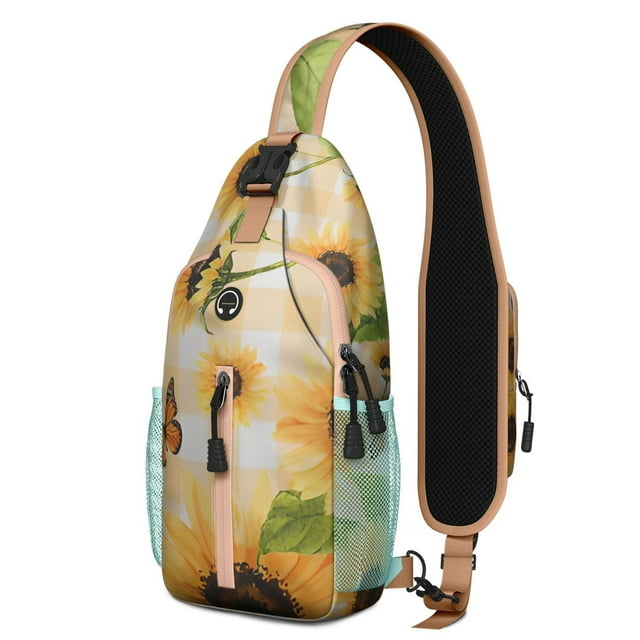 Sunflower and Bee Illustration Sling Backpack with Rustic Farmhouse Style, Lightweight Durable Crossbody Daypack, Adjustable Strap, Multiple Compartments for Daily Use