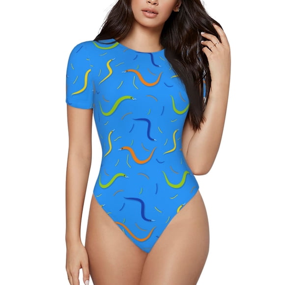 Bingfone Justaucorps à Col Rond Motif Serpent Coloré pour Femmes, Manches Courtes à Boutons-Pression, Adapté pour Fête, Sport, Usage Quotidien-Petit