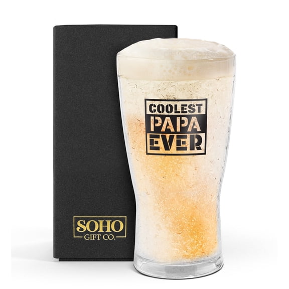 SoHo Freezer Cup Gift for Dad, Double Walled Chiller Mug for Iced Cold Drinks - Insulated 14oz Frozen Pint Drinking Glass "Coolest Papa Ever" (Gift Boxed)