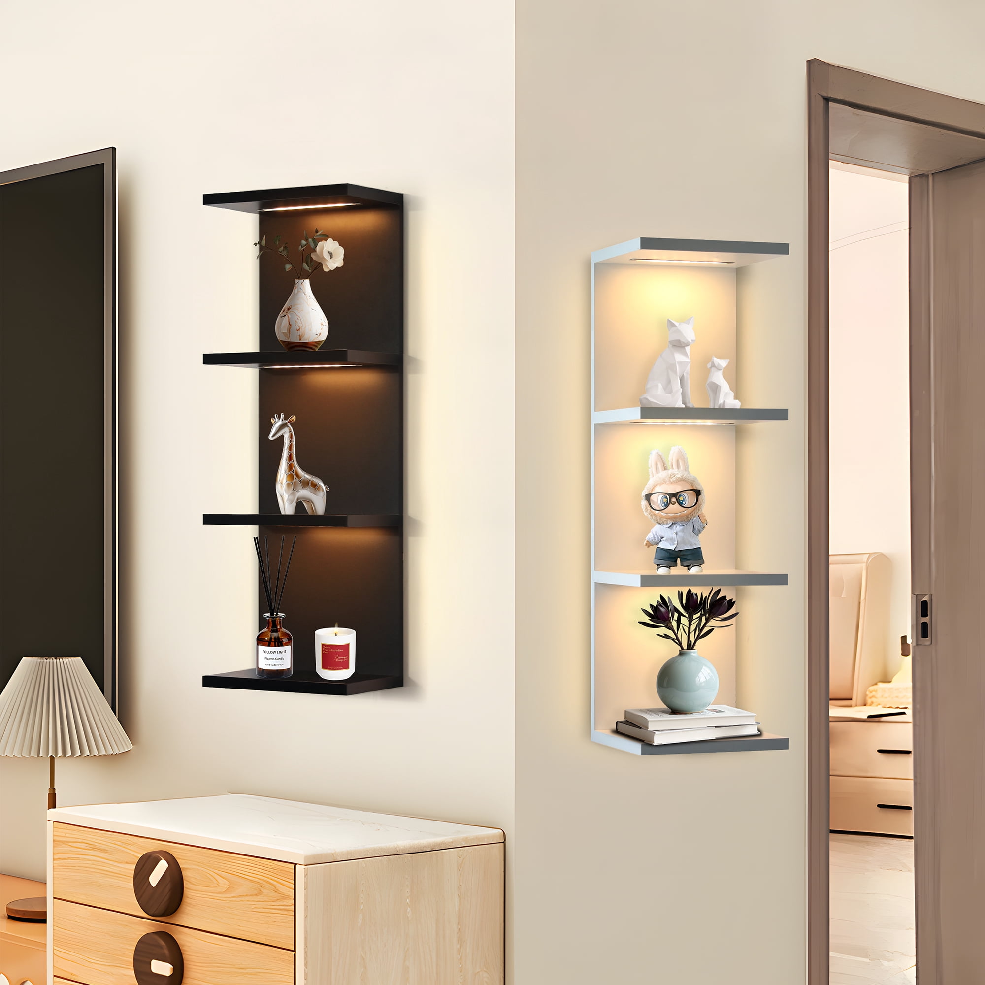Versatile 4 Tier Wall Shelf Unit,White Lack Wall Shelf,Display Floating Shelf with LED Remote Control Light