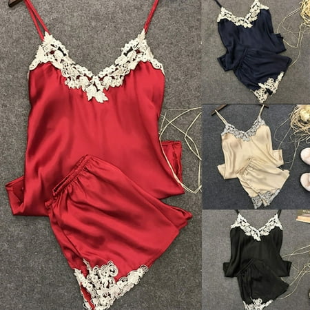 - 2pcs Women Sexy Satin Lace Sleepwear Babydoll Lingerie Nightdress Pajamas Set #571