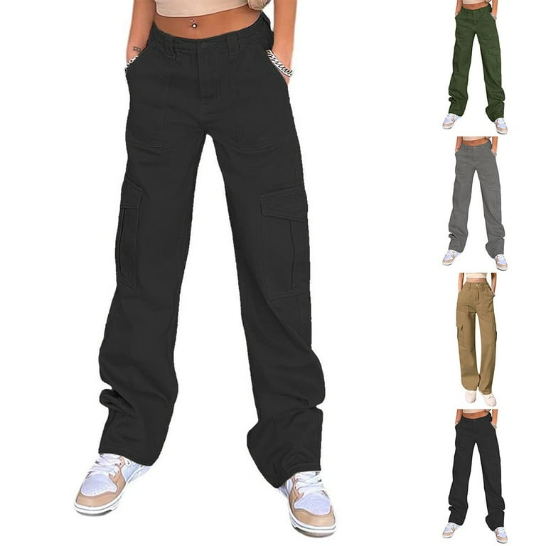 Lolmot High Waist Stretch Cargo Pants Women Baggy Multiple Pockets Relaxed  Fit Straight Wide Leg Casual Y2K Pants Combat Military Trousers