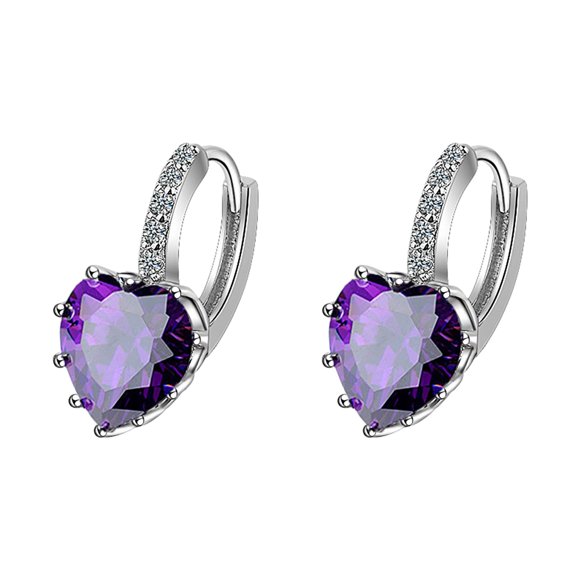 Heart Earrings, Purple Zircon Huggie Hoop Love - Qyaukm Clip on Cuff Ear Cuffs for Teens, Fashion Romantic Jewelry for Dating Party and Daily Wear, Gift for Girlfriend and Best Friend