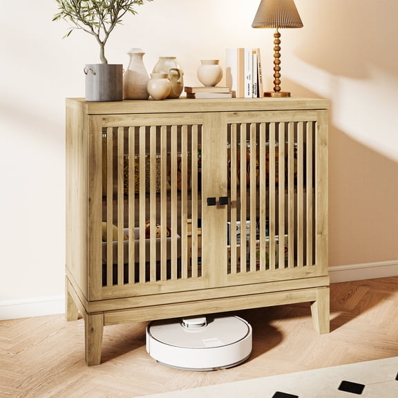 FIAKOA Farmhouse Buffet Cabinet with Storage, Nature Sideboard Cabinet with Grille-Striped Doors & Adjustable Shelf, Kitchen Coffee Bar Credenza for Apartment, Dining Room