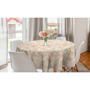Botanical Round Tablecloth, Birds on Branches and Blooming Vintage Flowers, Circle Table Cloth Cover for Dining Room Kitchen Decor, 60", Blush Peach, by Ambesonne
