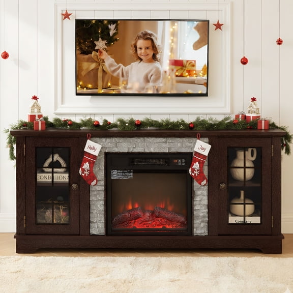 Fireplace TV Stand for TVs up to 65", Paproos Farmhouse TV Stand with 18" Electric Fireplace, Entertainment Center Televison Console Table with Realistic Stacked Stone & Adjustable Shelves, Cherry