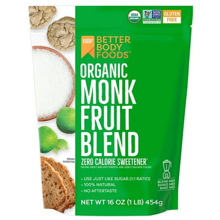 BetterBody Foods Organic Monk Fruit Sweetener Blend, Sugar Substitute, 16oz