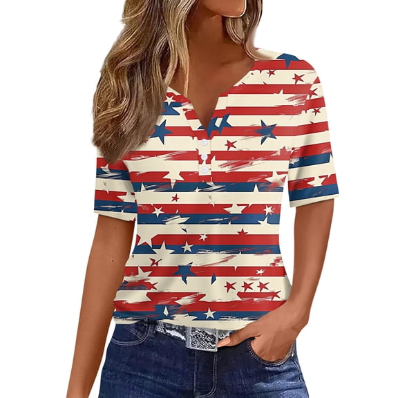 Women's 250th Anniversary USA Shirt V-Neck Button Patriotic Star Print Short Sleeve T-Shirts Independence Day Top