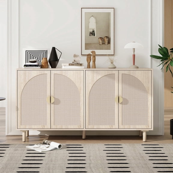 LFGUIZO 58.86″ Natural Sideboard with4 Doors and 2 Adjustable Shelves, Modern Rattan Accent Storage Cabinet for Dining Room,Living room,TV cabinet