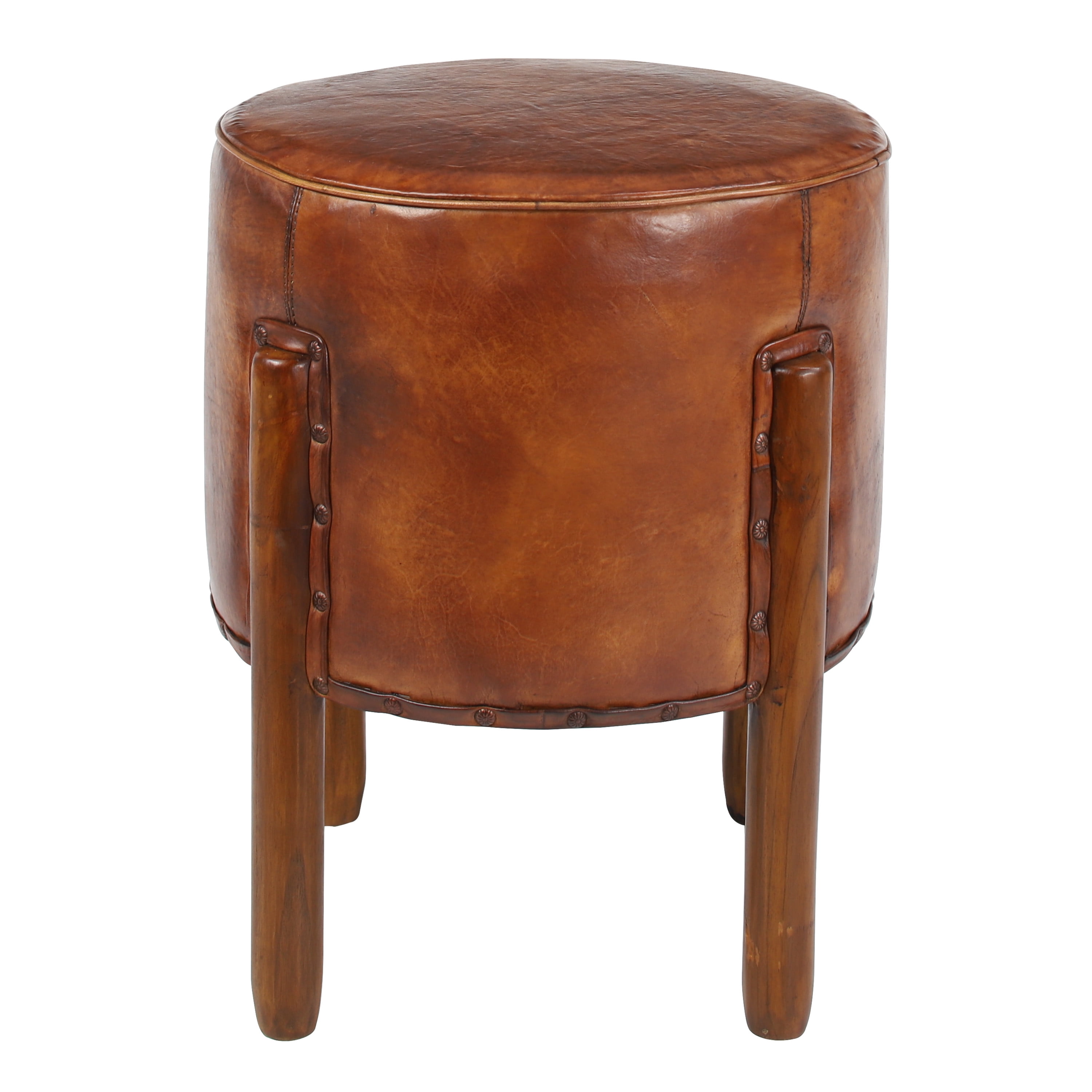 DecMode Traditional  Caramel Brown Upholstered Leather Stool, 17"W x 20"H